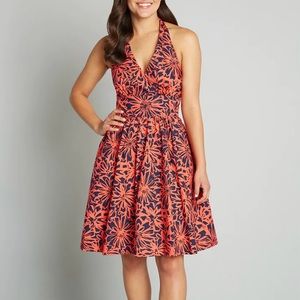 Modcloth Floral Unfaltering Halter Blue Sundress retro sz 0 tie neck pockets new